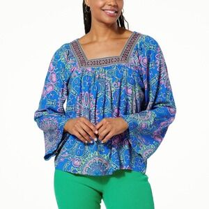 One World Paisley Blouse Square Neck Long Sleeve Bohemian Top Size M